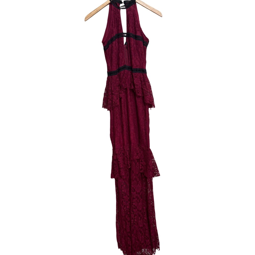 NWT PrettyLittleThing Burgundy Lace Ruffle Detail Plunge Maxi Dress Size 8 - Picture 2 of 11